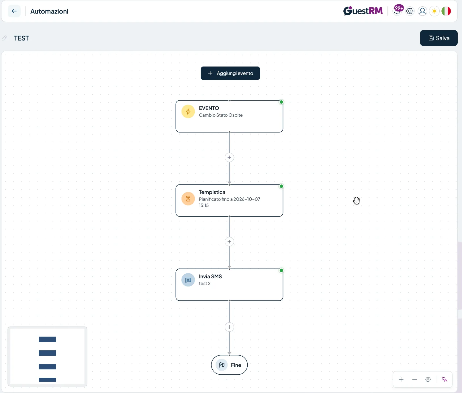 Editor visuale GuestRM con evento, tempistica e invio messaggio