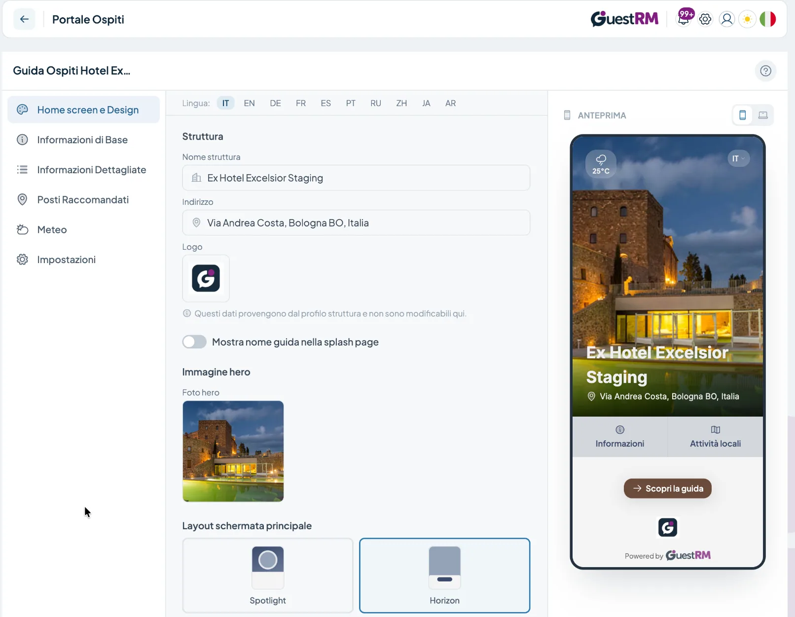 Editor del portale ospiti di GuestRM con anteprima della guida su smartphone