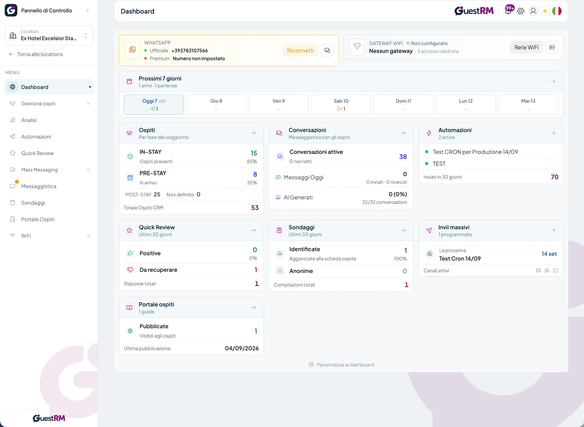 Dashboard di GuestRM con ospiti, conversazioni, feedback e automazioni