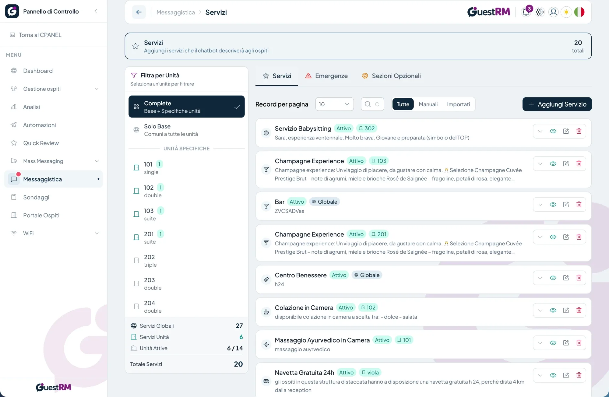 Servizi della struttura configurati per l’assistente AI, manuali o importati dal sito
