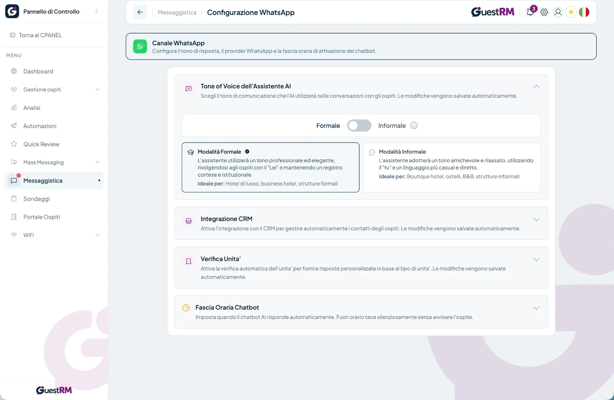 Impostazioni dell’assistente AI: tono formale o informale, integrazione CRM, verifica della camera e fascia oraria
