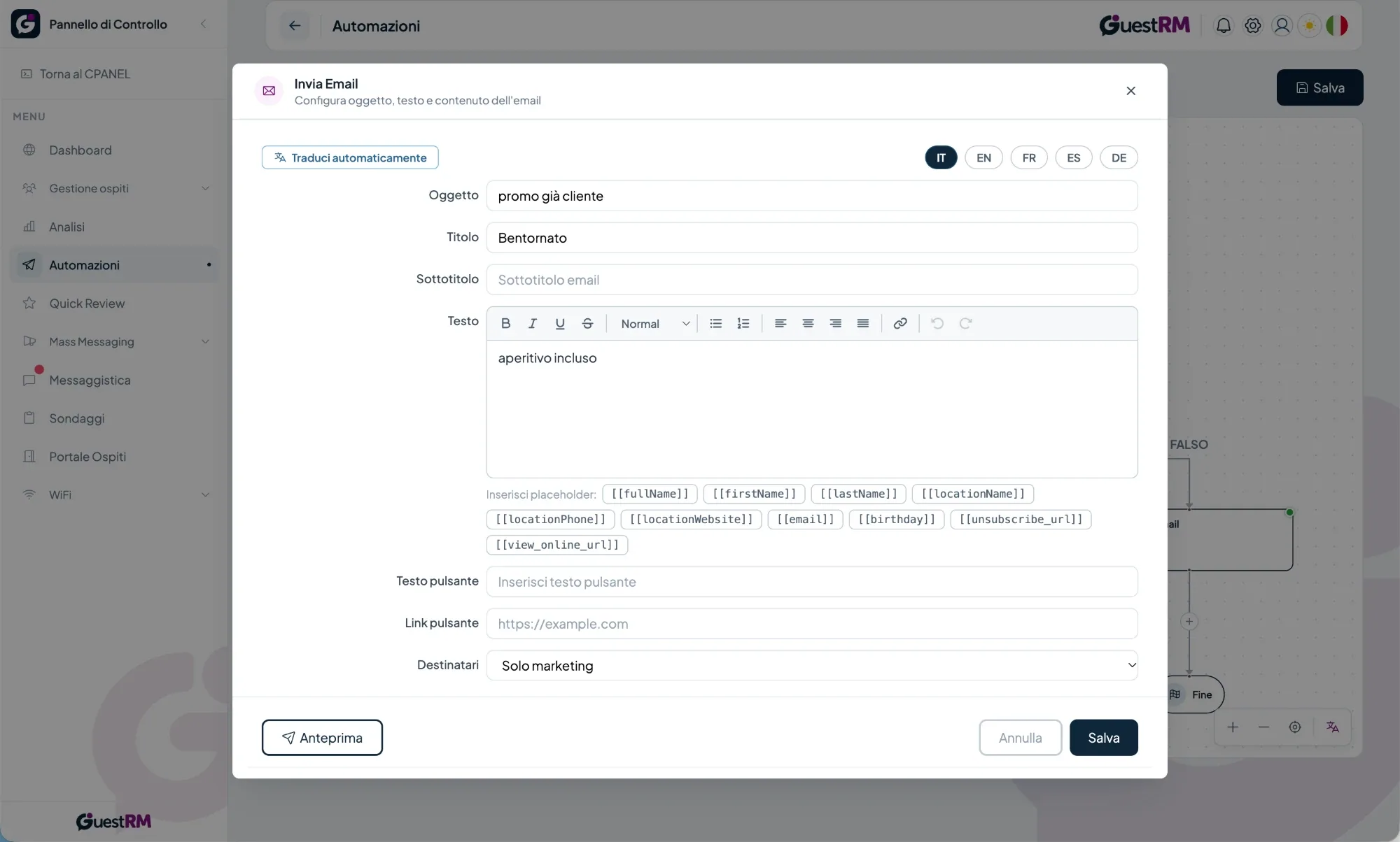 Configurazione di un’email automatica con traduzione automatica, segnaposto, pulsante e destinatari
