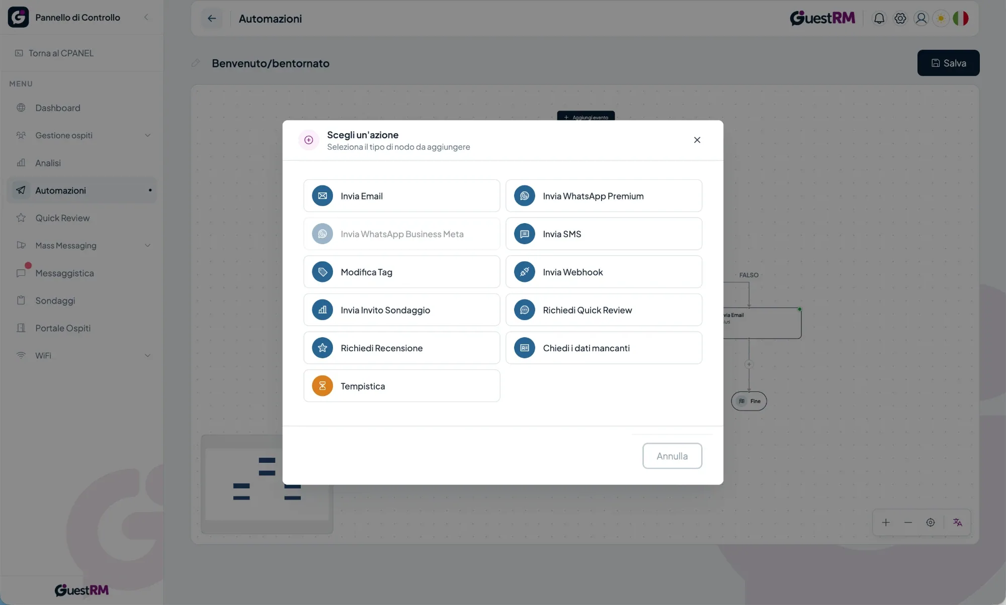 Editor delle automazioni con la scelta dell’azione: email, WhatsApp, SMS, tag, webhook, sondaggio, Quick Review, recensione, dati mancanti, tempistica