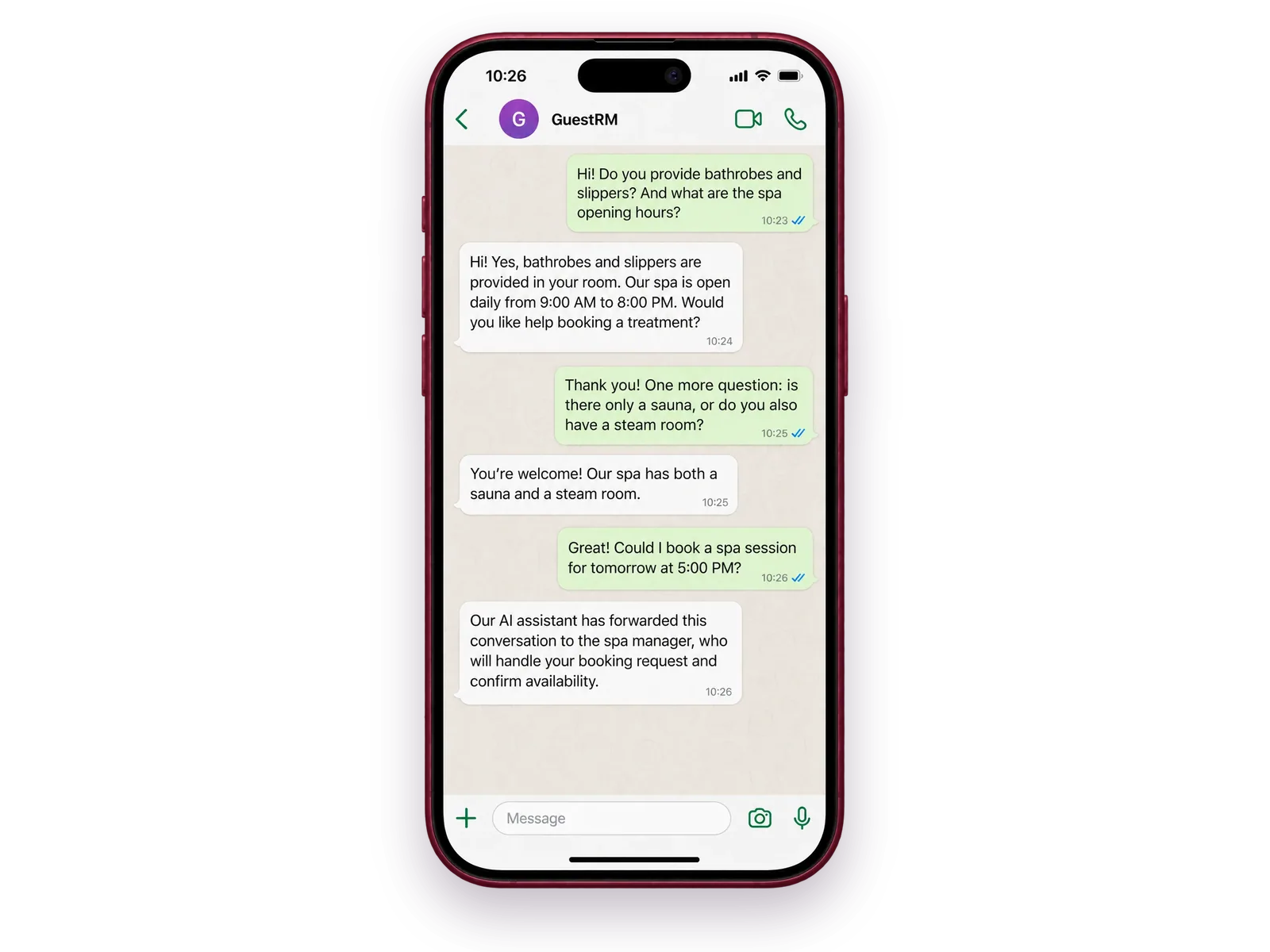Conversazione WhatsApp in cui l’assistente risponde e poi passa la prenotazione al responsabile della spa