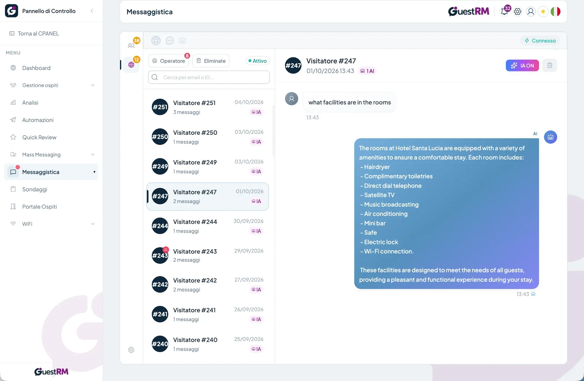 Conversazioni dalla chat del sito con la risposta dell’assistente AI