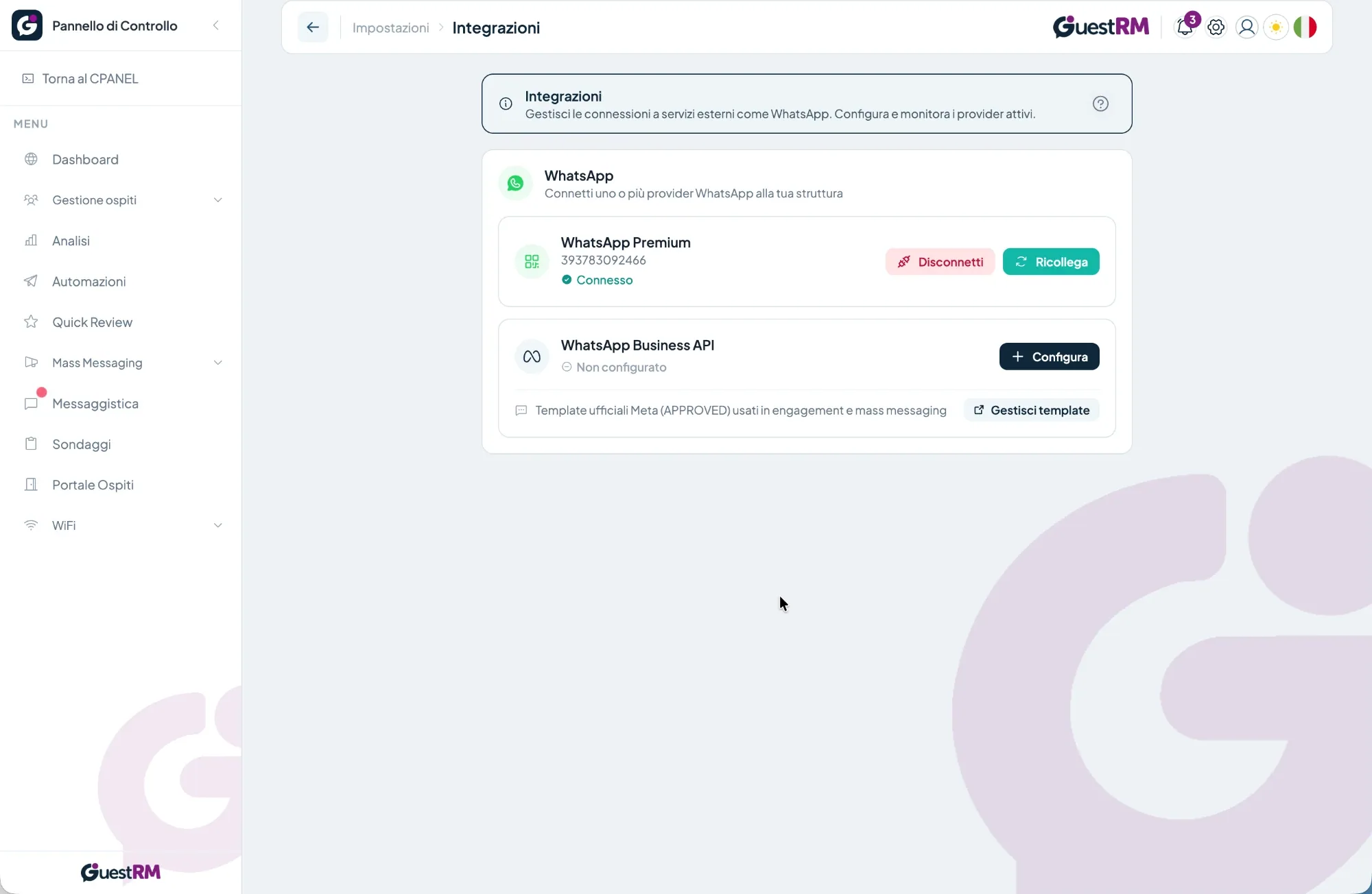 Integrazione WhatsApp: numero della struttura collegato e WhatsApp Business API con template ufficiali Meta