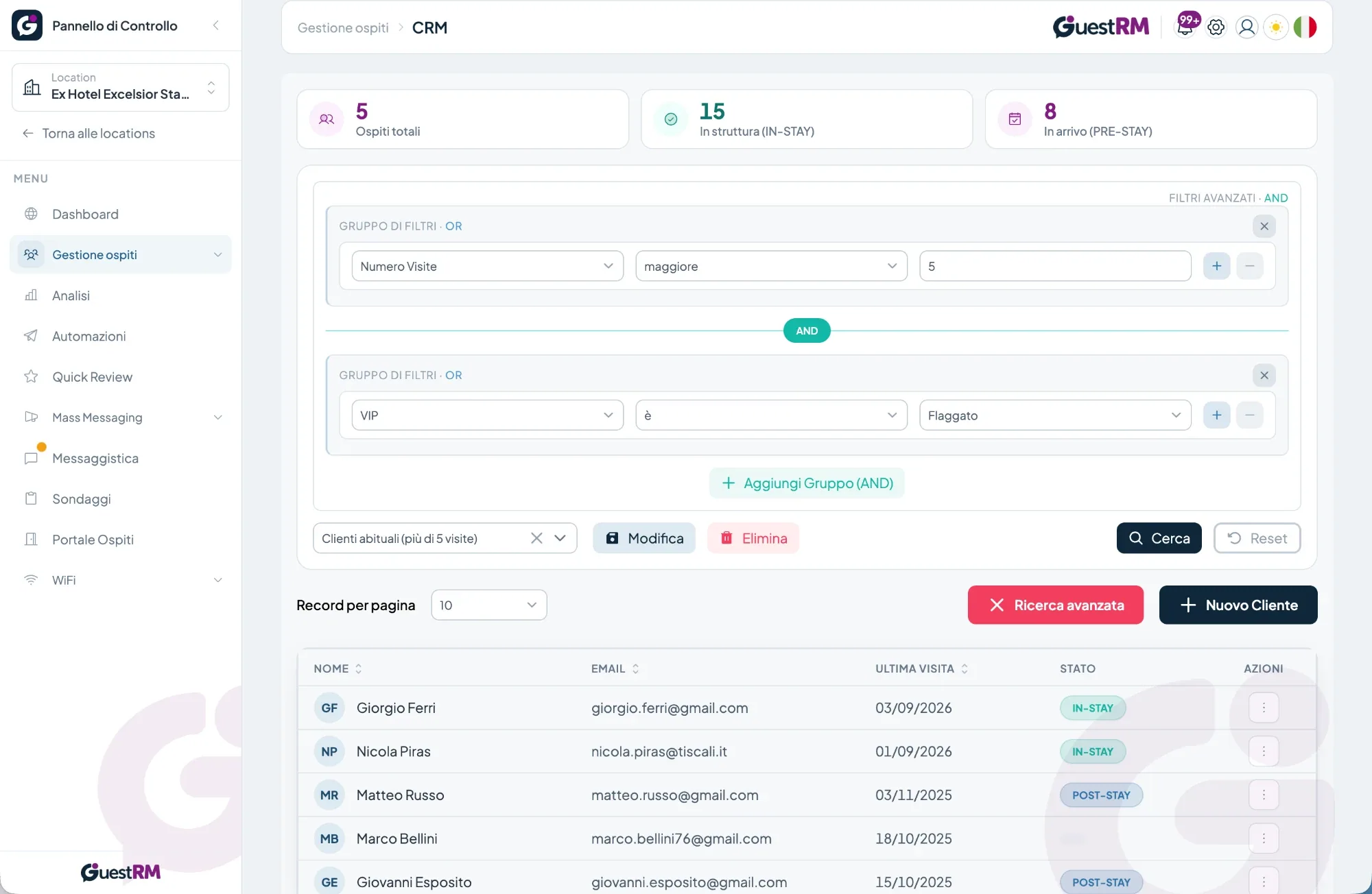 Ricerca avanzata del CRM con gruppi di filtri per numero di visite e ospiti VIP
