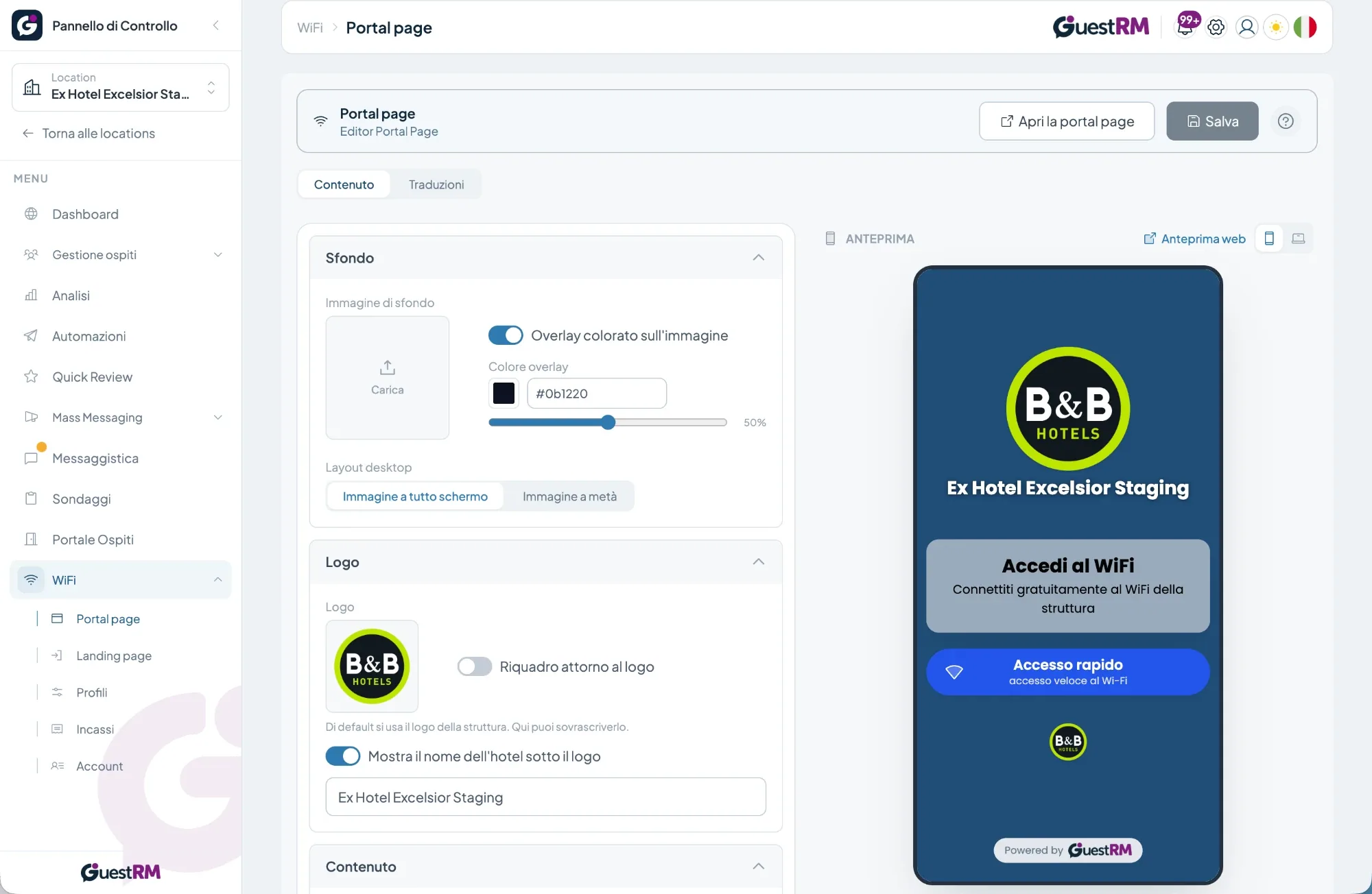 Editor della pagina di accesso Wi-Fi con sfondo, logo e anteprima su smartphone