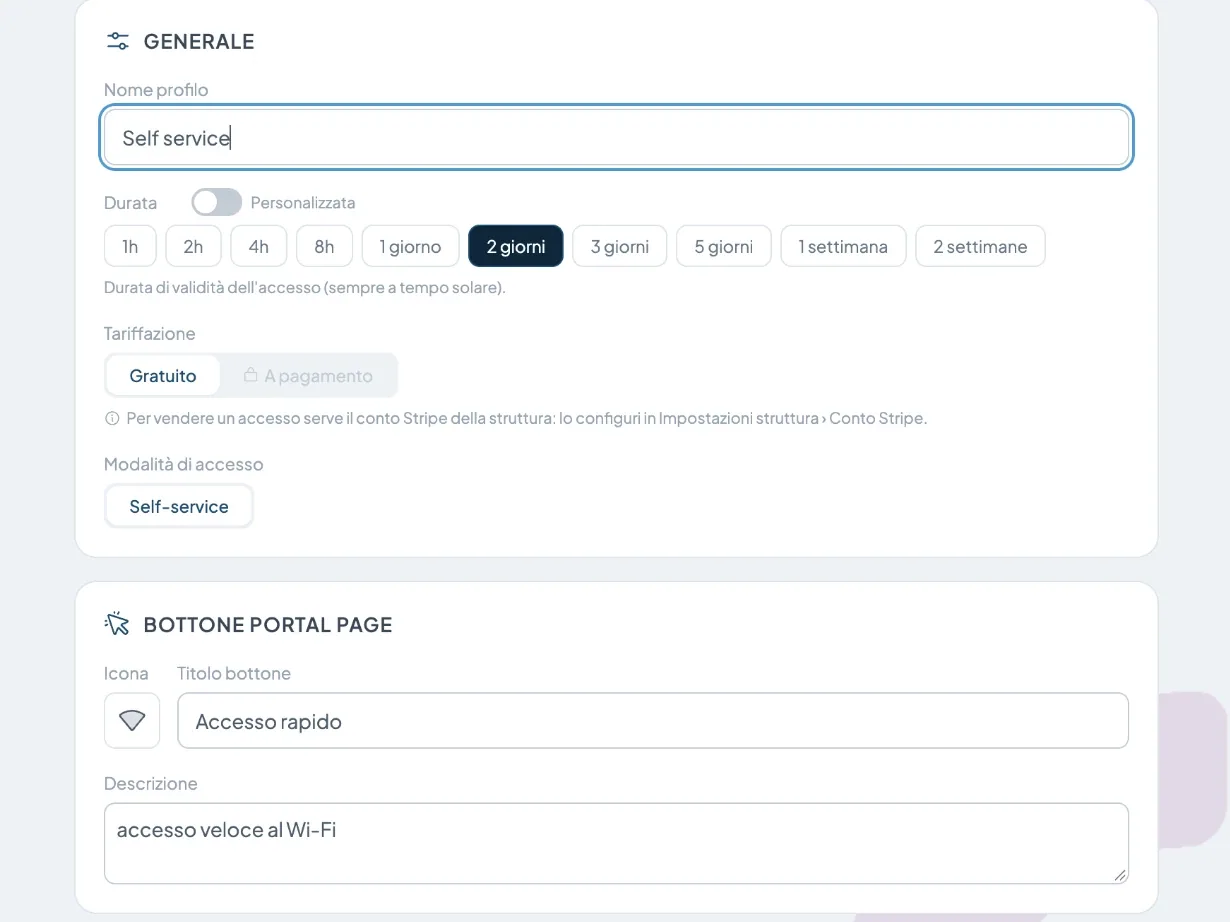 Profilo di accesso Wi-Fi con durata, tariffazione e pulsante sulla portal page