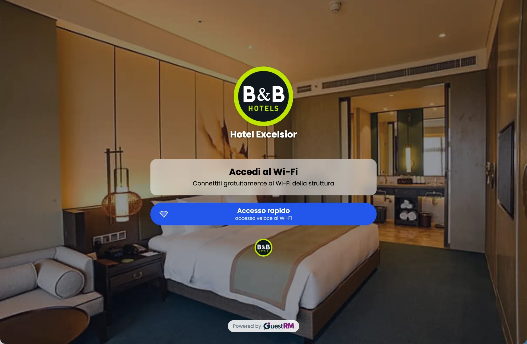 Pagina di accesso al Wi-Fi di un hotel, con logo, sfondo e pulsante di accesso rapido