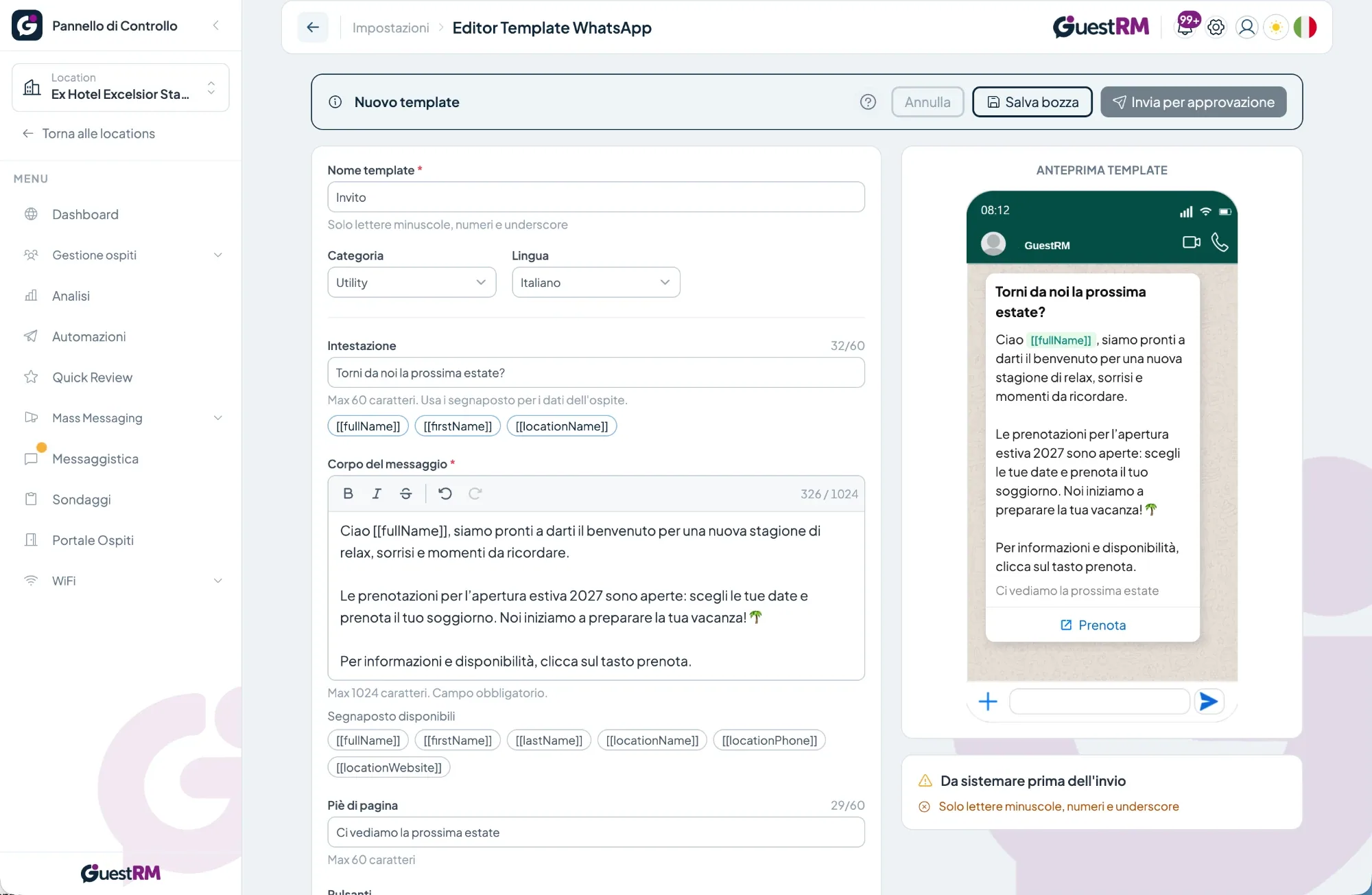 Editor di un template WhatsApp con anteprima del messaggio e pulsante Prenota