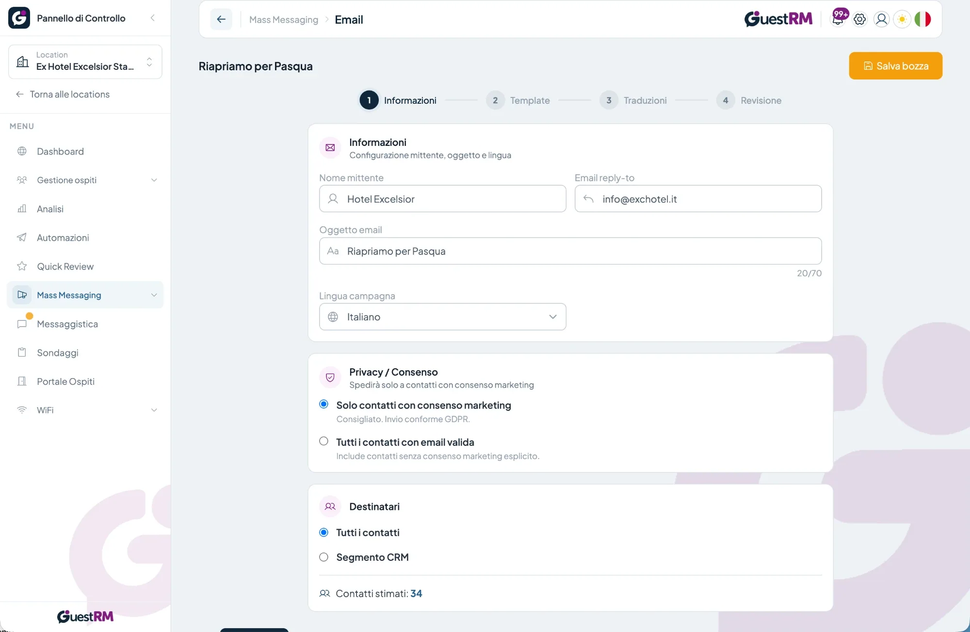 Creazione di una campagna email: mittente, oggetto, consenso marketing e destinatari