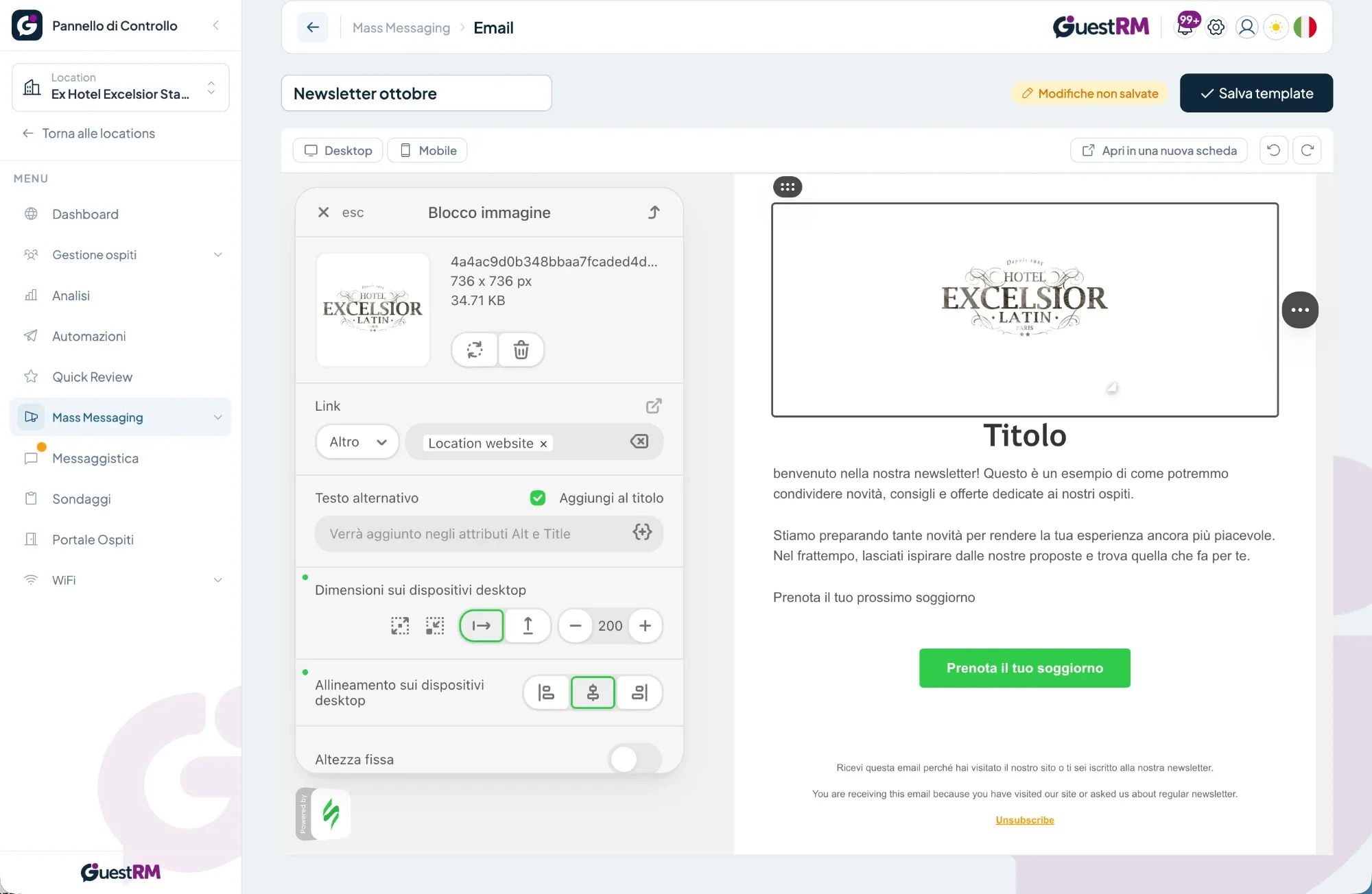 Editor di una newsletter con logo della struttura, testo e pulsante di prenotazione