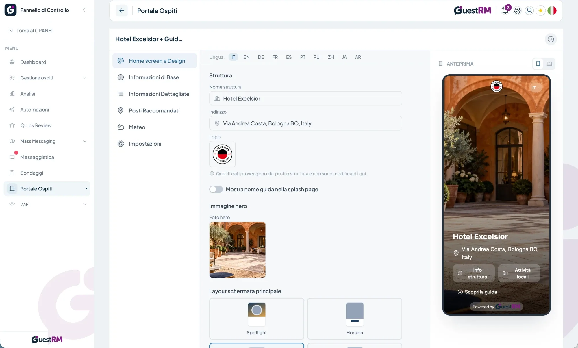 Editor del portale ospiti con logo, immagine di copertina, layout e anteprima su smartphone