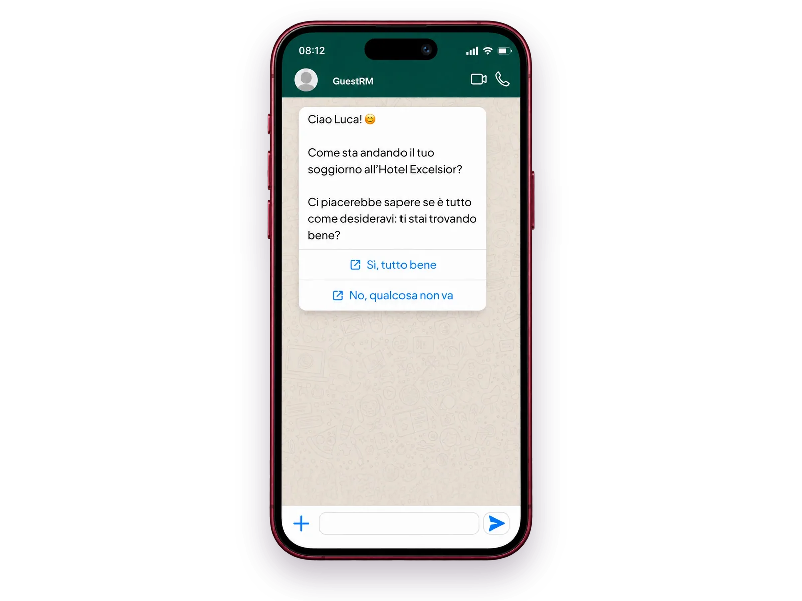 Messaggio Quick Review su WhatsApp con i pulsanti "Sì, tutto bene" e "No, qualcosa non va"
