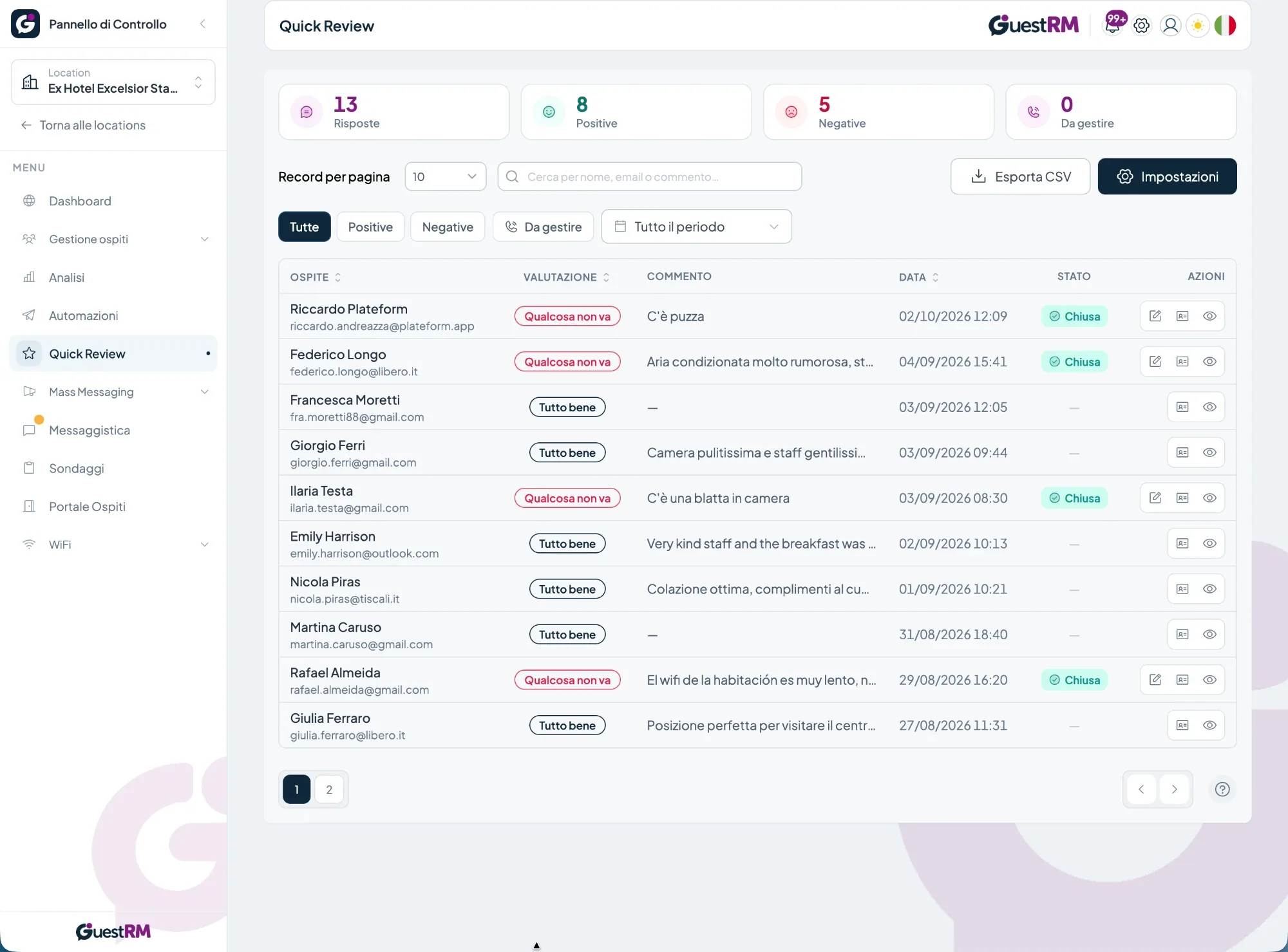 Pannello Quick Review di GuestRM con risposte, commenti e stato delle segnalazioni